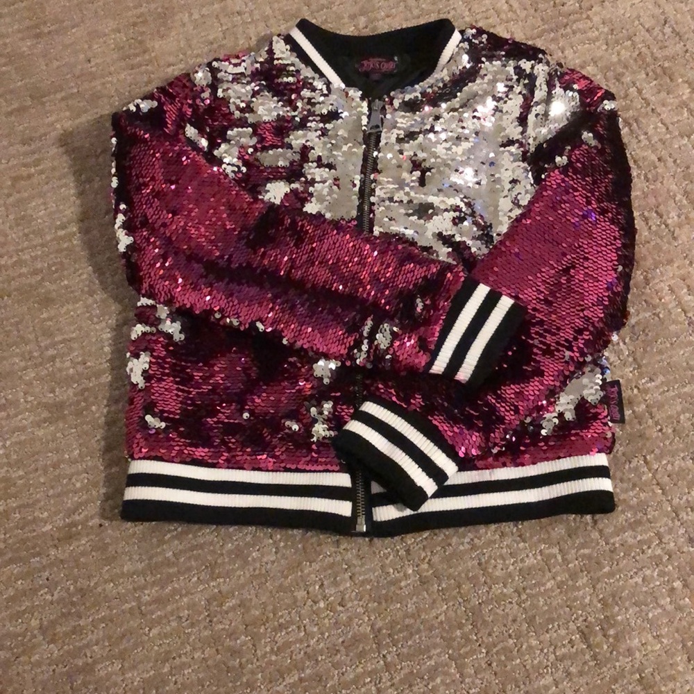 Vibrant Pink and Silver Sequin Bomber Jacket with Sporty Ribbed Details